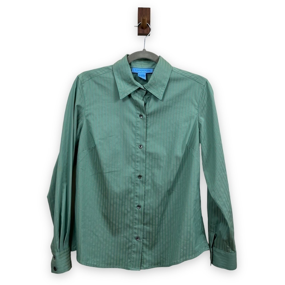 Doncaster Top Womens 8 Greeen Button Down Pinstripe Classic Old Money Preppy